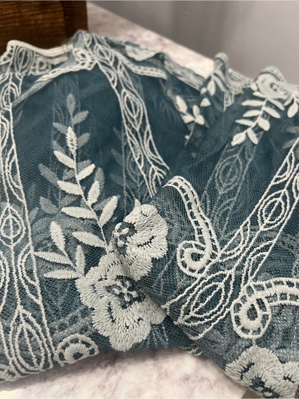 Adam Levine Collection Teal Lace Overlay Top with White Embroidery - Picture 2 of 3